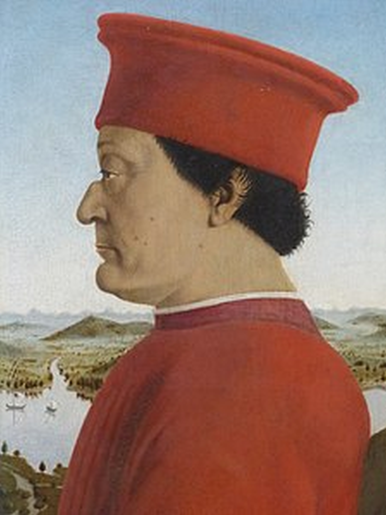 Piero della Francesca, particolare del Doppio ritratto dei duchi di Urbino raffigurante Federico da Montefeltro, 1465 - 1472, Museo degli Uffizi